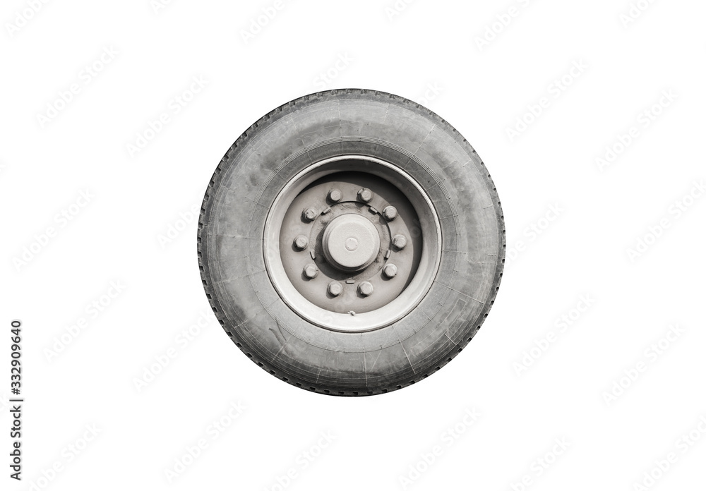 Dirty truck wheel isolated on white Dirty truck wheel isolated on white