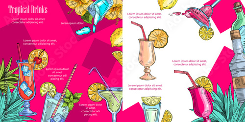 Vector background of a menu page with summer fruit, tropical flowers and leaves, alcoholic cocktails and bottles. 