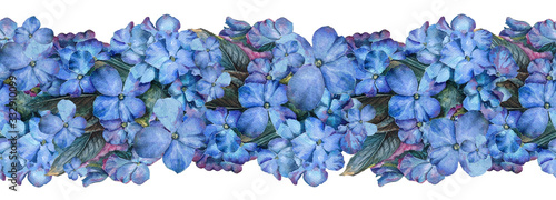 Hand drawn watercolor painting seamless border from Many blue violet flowers ...