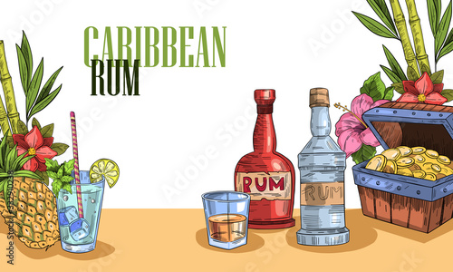 Vector hand drawn banner “Caribbean Rum” with mojito glass, pineapple, rum bottles and chest with gold. With space for your text for bar, café, menu, party, poster, label or landing page.