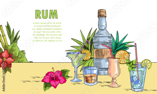 Vector hand drawn banner “Caribbean Rum” with coctails, pineapple, rum bottles and chest with gold. With space for your text, for bar, café, menu, party, poster, label or landing page.