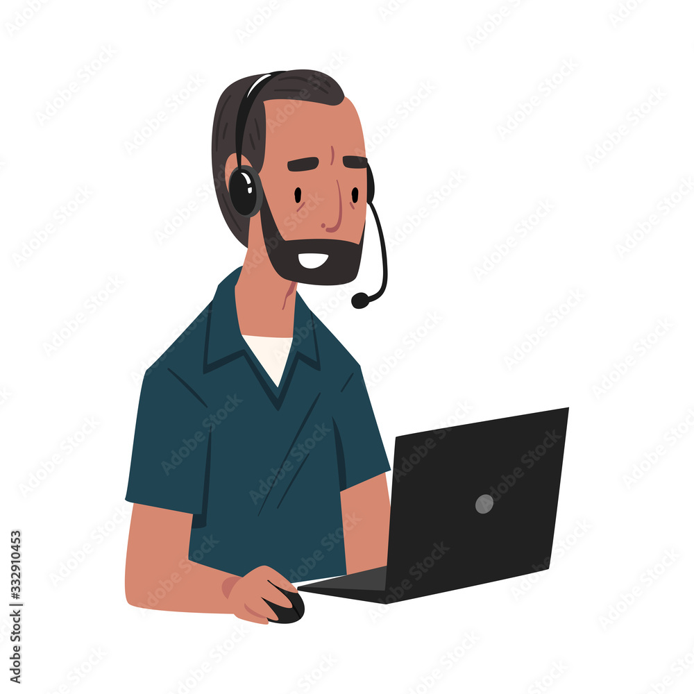 Bearded Man Call Center Operator, Online Customer Support Service Assistant with Headset, Help Desk, Technical Support Vector Illustration Bearded Man Call Center Operator, Online Customer Support Service Assistant with Headset, Help Desk, Technical Support Vector Illustration