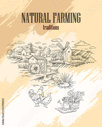 Vector hand drawn banner in engraving style of rural landscape with mill, barn, field, mill and poultry. Label or print for local farm market, organic food store or natural products shop.