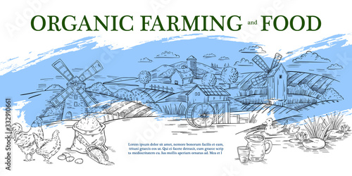 Vector hand drawn banner in engraving style of panoramic rural landscape with mill, barn, field, mill and poultry. Label or landing page for local farm market, organic food store or natural products.