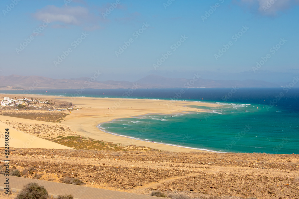 Fuerteventura, Canary Islands, Spain. Beautiful landscape of mountains, beach and coast of Atlantic Ocean 