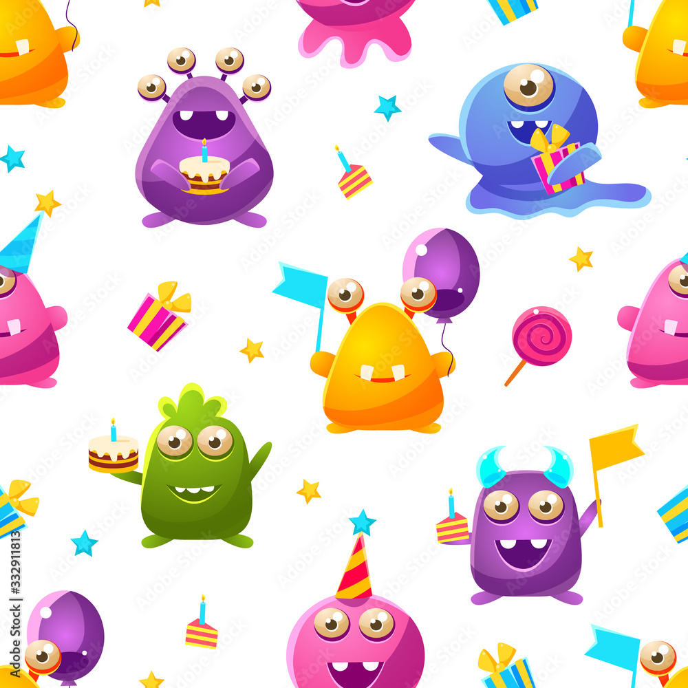 Obraz premium Cute Funny Monsters Seamless Pattern, Kids Birthday Party Design Element Can Be Used for Fabric, Wallpaper, Packaging, Web Page Vector Illustration