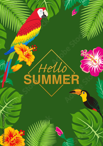Parrot and toucan in the tropical plants frame - included words "Hello Summer"