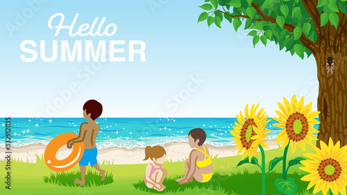 Children in the summer beach - included words "Hello Summer"