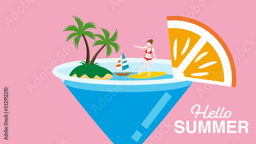 Summer vacation concept art - young woman enjoying surfing on the cocktail glass - included words "Hello Summer"