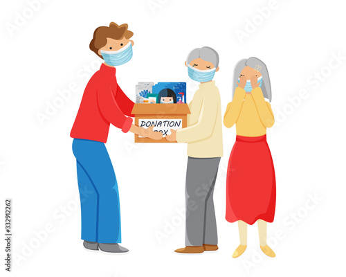 Vector illustration of people with donation box isolated on white background. Young adult man giving donation box with breathing face masks, gloves, medicine and sanitizer to crying elderly couple