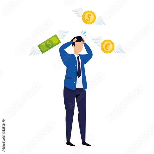 businessman worried with coins and bills vector illustration design