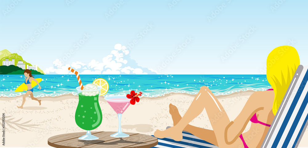 Landscape of tropical seashore, women enjoying summer vacation