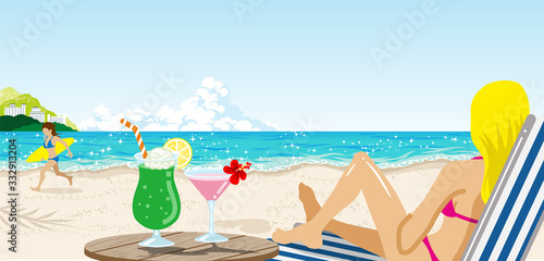 Fototapeta Naklejka Na Ścianę i Meble -  Landscape of tropical seashore, women enjoying summer vacation