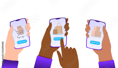 Multiracial Hands holding smartphone with order now button on the screen. E-commerce flat design concept. Using mobile smart phone for online purchasing. Order from home.