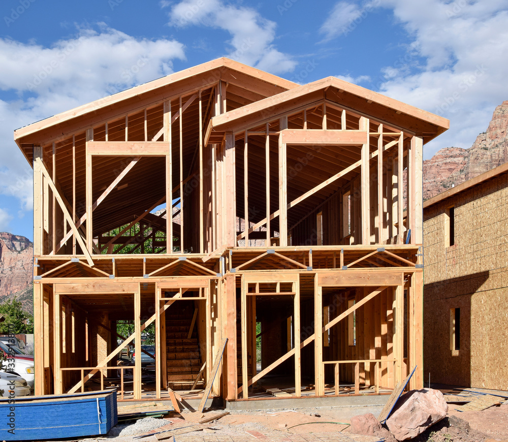 Obraz premium Wood frame house under construction.