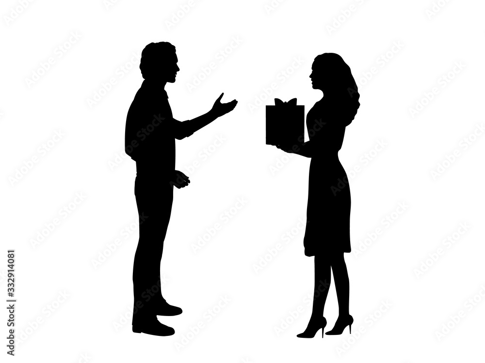 Silhouette of woman gives gift to man