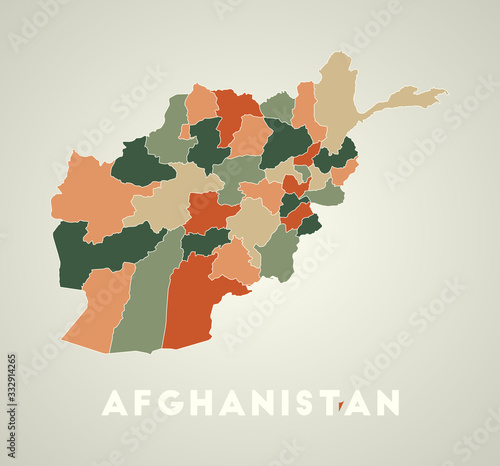 Afghanistan poster in retro style. Map of the country with regions in autumn color palette. Shape of Afghanistan with country name. Awesome vector illustration.