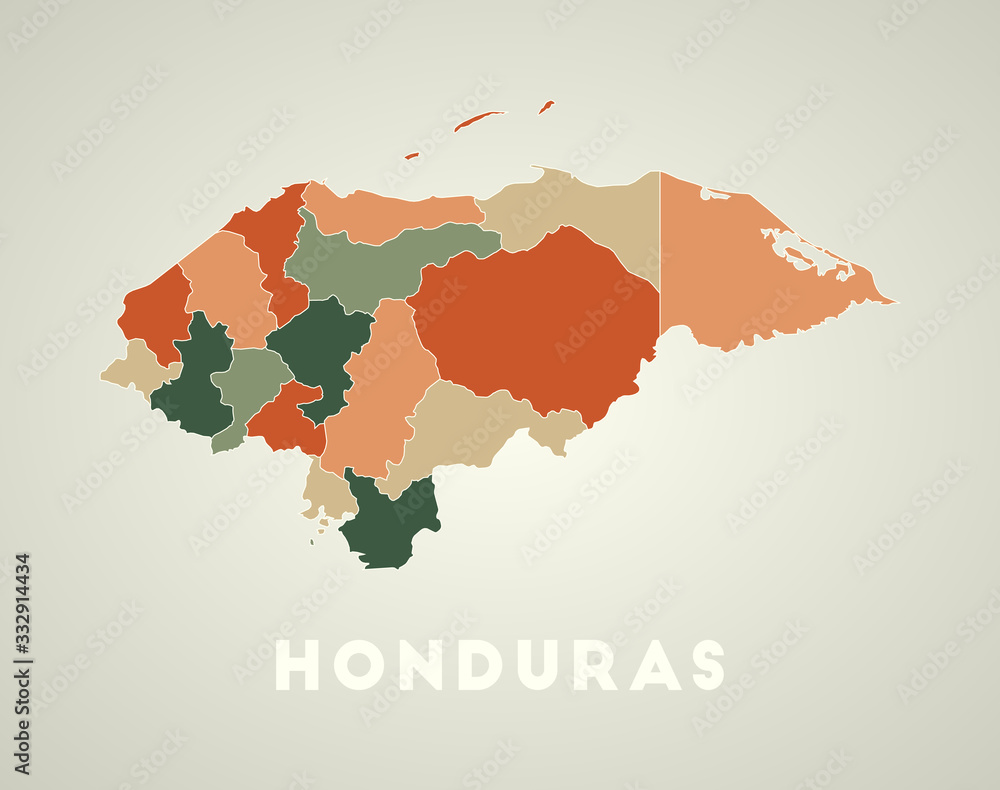 Honduras poster in retro style. Map of the country with regions in autumn color palette. Shape of Honduras with country name. Beautiful vector illustration.