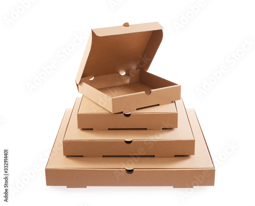 Pizza box for takeaway. Cardboard pizza empty boxes arranged in pyramid. Clipping path included. Stack.