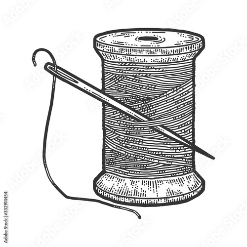 Spool of thread with a needle. Scratch board imitation. Black and white hand drawn image.