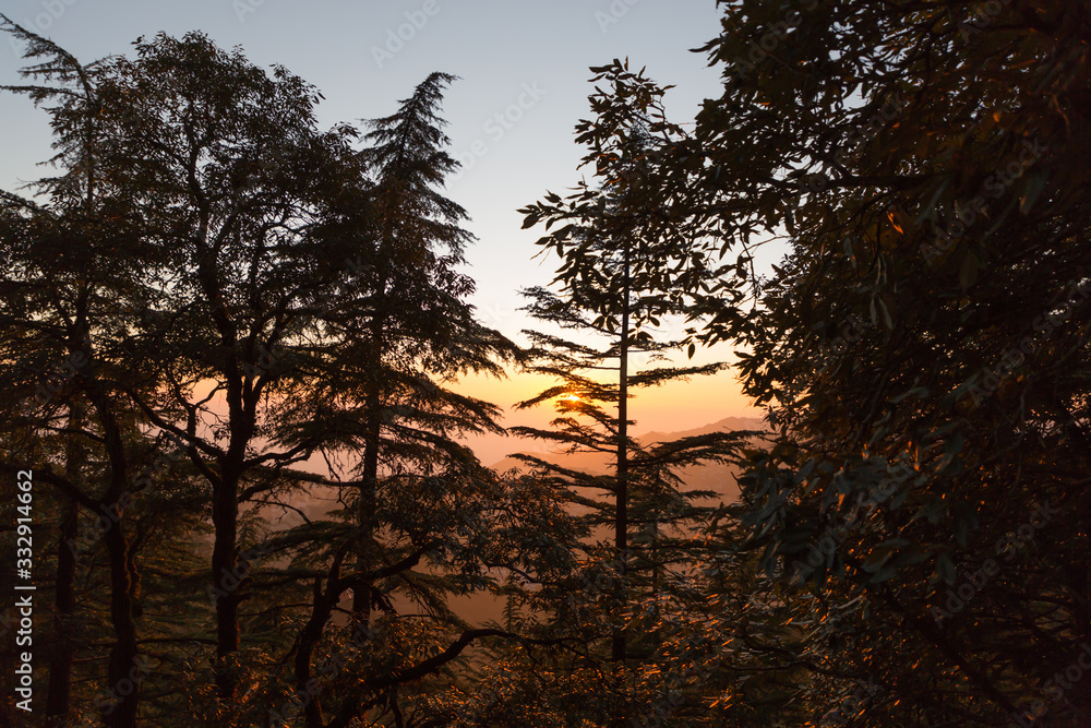 Naklejka premium Sunset view in the montains in Mussoorie uttrakhand india