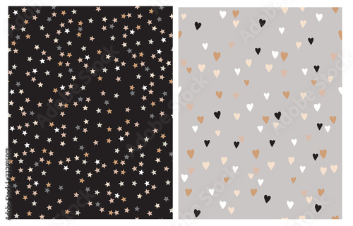 2 Seamless Vector Patterns with Tiny Stars Isolated on a Black Background and Sweet Hand Drawn Hearts Isolated on a Light Gray Layout. Cute Starry Print ideal for Fabric, Textile, Wrapping Paper.