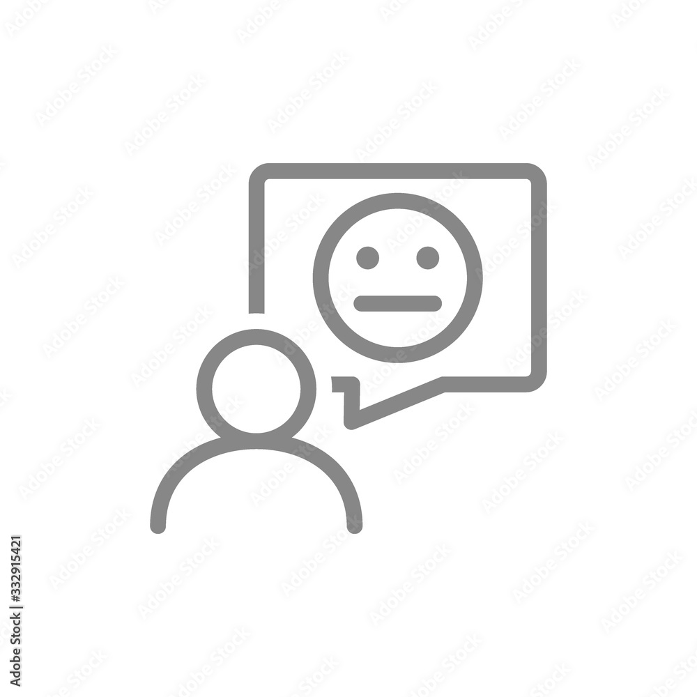 Person with neutral face in speech bubble line icon. Review, feedback, comment, customer unsatisfaction symbol Person with neutral face in speech bubble line icon. Review, feedback, comment, customer unsatisfaction symbol