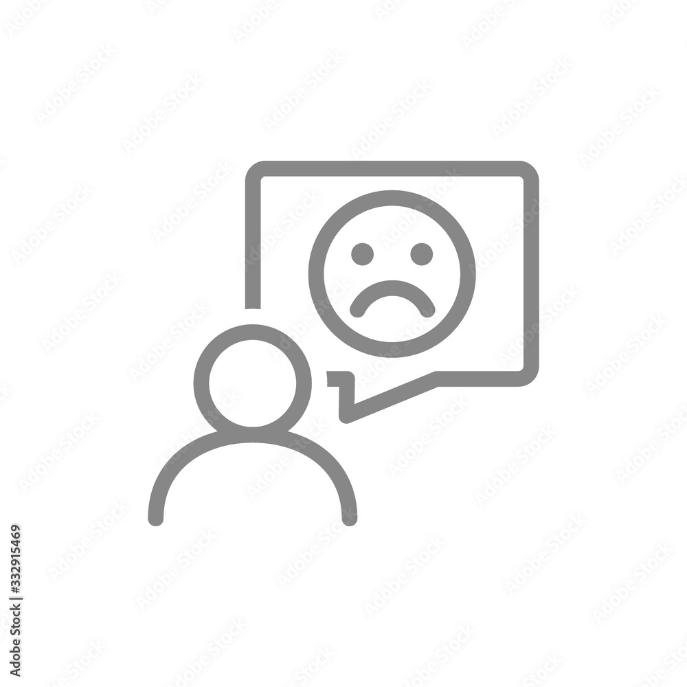 Person with speech bubble and sad face gray icon. Feedback