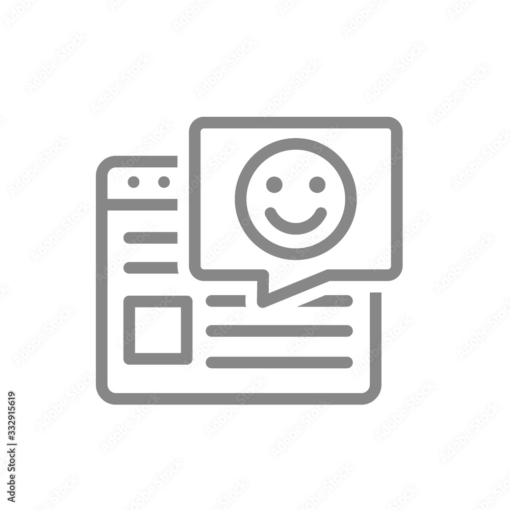 Website with happy face in speech bubble line icon. User feedback, approving article symbol Website with happy face in speech bubble line icon. User feedback, approving article symbol