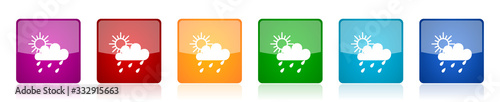 Rain icon set, colorful square glossy vector illustrations in 6 options for web design and mobile applications