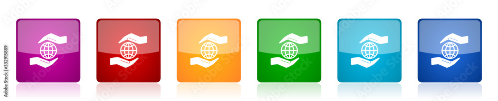 Hand care planet environment icon set, colorful square glossy vector illustrations in 6 options for web design and mobile applications Hand care planet environment icon set, colorful square glossy vector illustrations in 6 options for web design and mobile applications