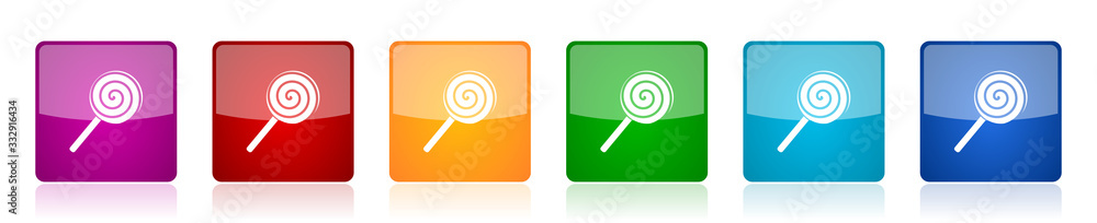 Lollipop icon set, candy, sweet food colorful square glossy vector illustrations in 6 options for web design and mobile applications Lollipop icon set, candy, sweet food colorful square glossy vector illustrations in 6 options for web design and mobile applications