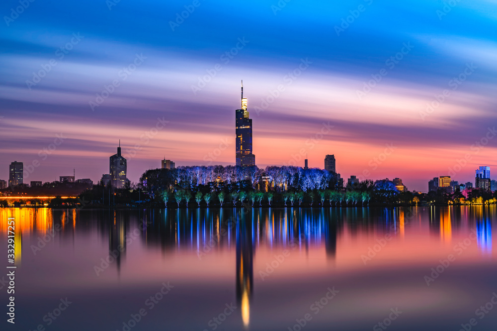 City and lake sunset in Nanjing