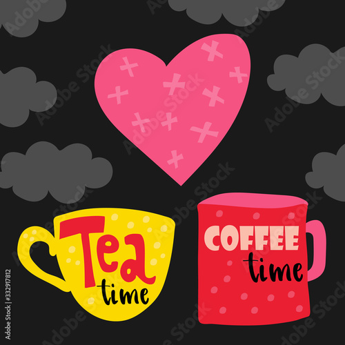 Colorful vintage poster with inscription Tea Time, drawn on dark background. Hand drawn vector illustration. Perfect for card, poster or merchandise for cafe or kitchen.
