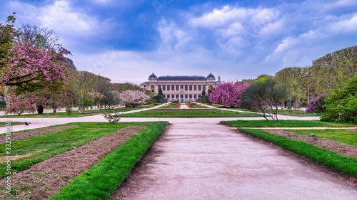 Springtime with empty park in Paris, France. No tourists outside due to quarantine restrictions.