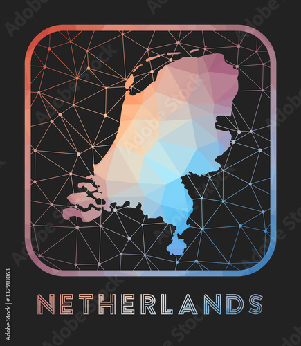 Netherlands map design. Vector low poly map of the country. Netherlands icon in geometric style. The country shape with polygonal gradient and mesh on dark background.