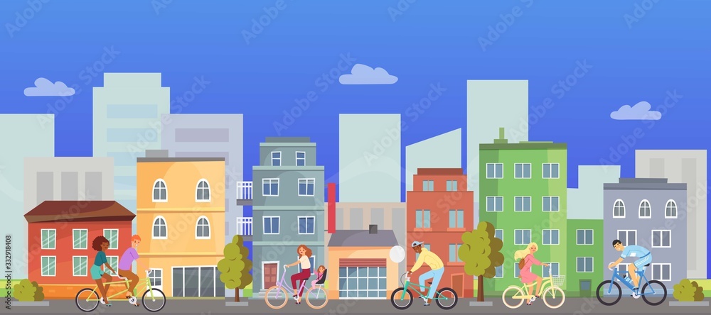 Active people riding on bicycle in city with cityscape vector illustration. Bycyclists active people ride bikes in city with trees and houses healthy lifestyle banner.