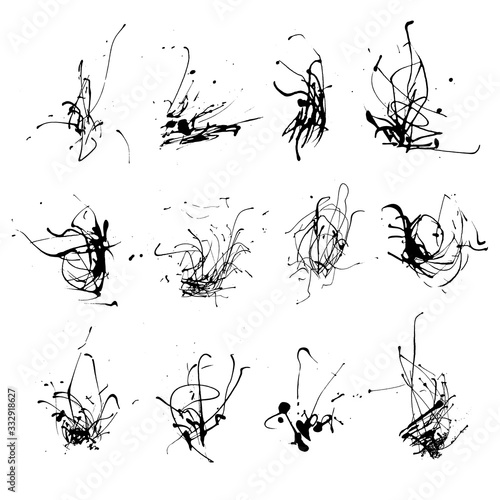 High quality manually traced vector illustration. Elegant vector set of ink splashes blots splatter collection. Grunge design element, art messy backdrop. Liquid shape spatter black white silhouette
