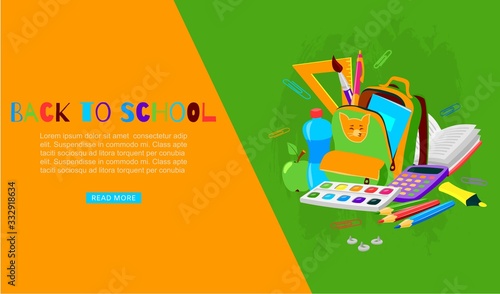 Back to school with backpack, colors, crayons and school supplies for preschoolers kids vector illustration. Back to school september sale shoop web banner.