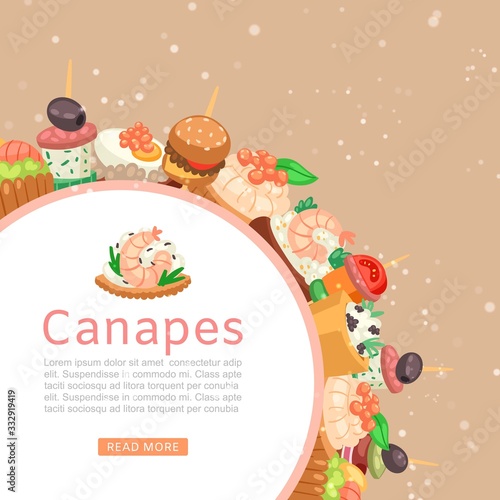 Canapes, tapas on plate web banner, appetizer dish with caviar, olives and green vegetables cartoon vector illustration. Buffet, restaurant canape pre food and snack.