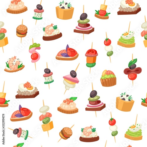 Canapes, tapas on piece of bread, appetizer dish with caviar, olives and green vegetables seamless pattern vector illustration. Buffet, restaurant canape finger food and snack background.