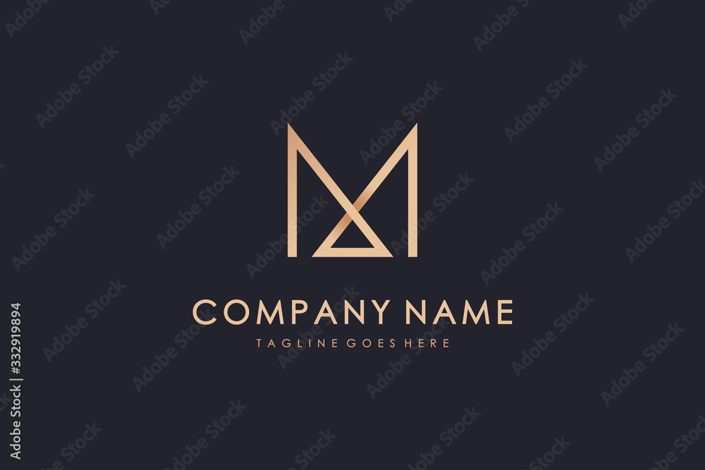 Fototapeta premium Gold Geometric Line Abstract Letter M Logo. Usable for Business, Architecture, Construction and Building Logos. Flat Vector Logo Design Template Element.