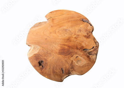 Old round wooden cutting board isolated on white background.