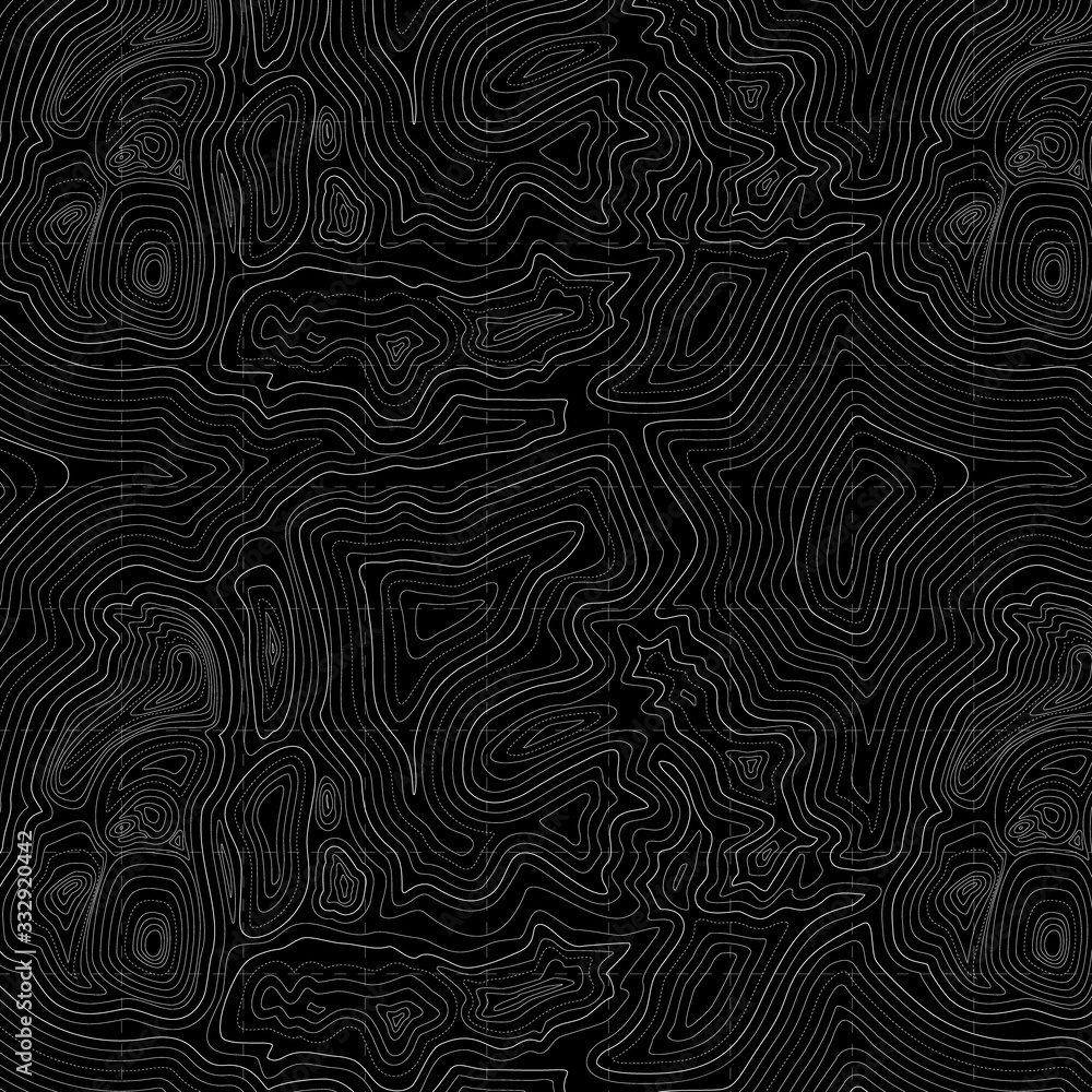 Black background of the topographic map. Topographic map white lines, contour background.
