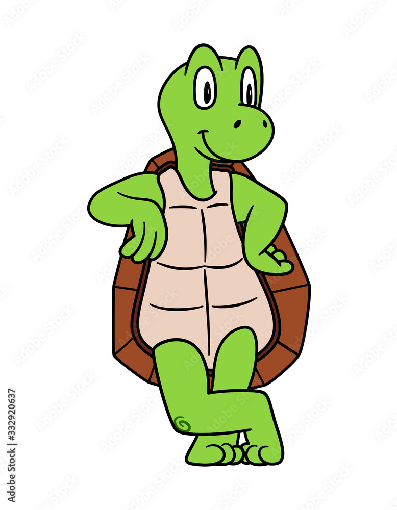 Fototapeta premium Cartoon Animal Turtle or Tortoise. Raster illustration. For pre school education, kindergarten and kids and children. For print and books, zoo topic. Smiling with happy face. friendly reptile posing