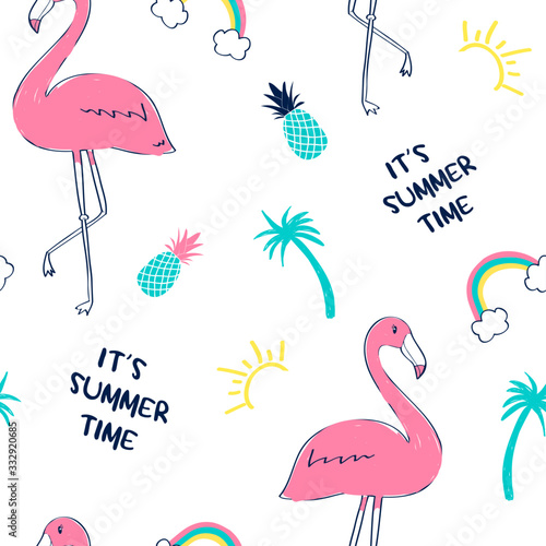 Hand drawing print design. Flamingo pattern seamless vector illustration.