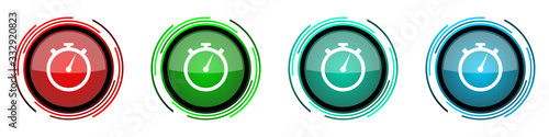 stopwatch round glossy vector icons, set of buttons for webdesign, internet and mobile phone applications in four colors options isolated on white background
