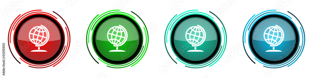 Globe round glossy vector icons, world, global, map, earth set of buttons for webdesign, internet and mobile phone applications in four colors options isolated on white background Globe round glossy vector icons, world, global, map, earth set of buttons for webdesign, internet and mobile phone applications in four colors options isolated on white background