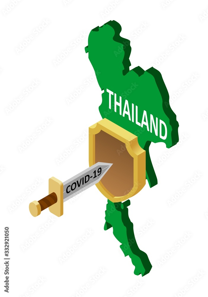 protection of Thailand against coronavirus COVID-19. A sword-shaped coronavirus attacks a shield country in Thailand. Vector isometric land of Thailand, shield, sword. protection of Thailand against coronavirus COVID-19. A sword-shaped coronavirus attacks a shield country in Thailand. Vector isometric land of Thailand, shield, sword.