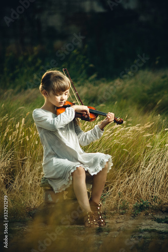 Tableau sur toile beautiful girl plays the violin in the forest